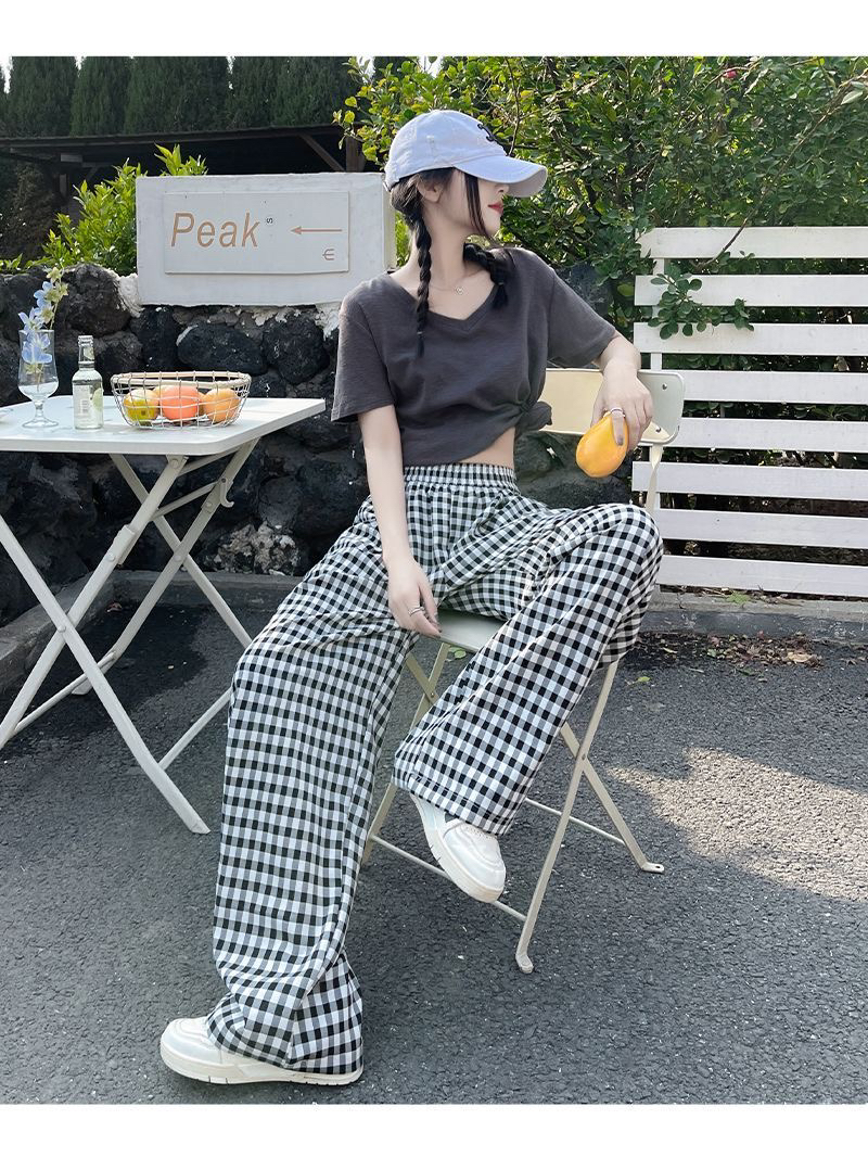 复古格子薄款阔腿慵懒裤女2025新款高腰显瘦垂感宽松休闲直筒