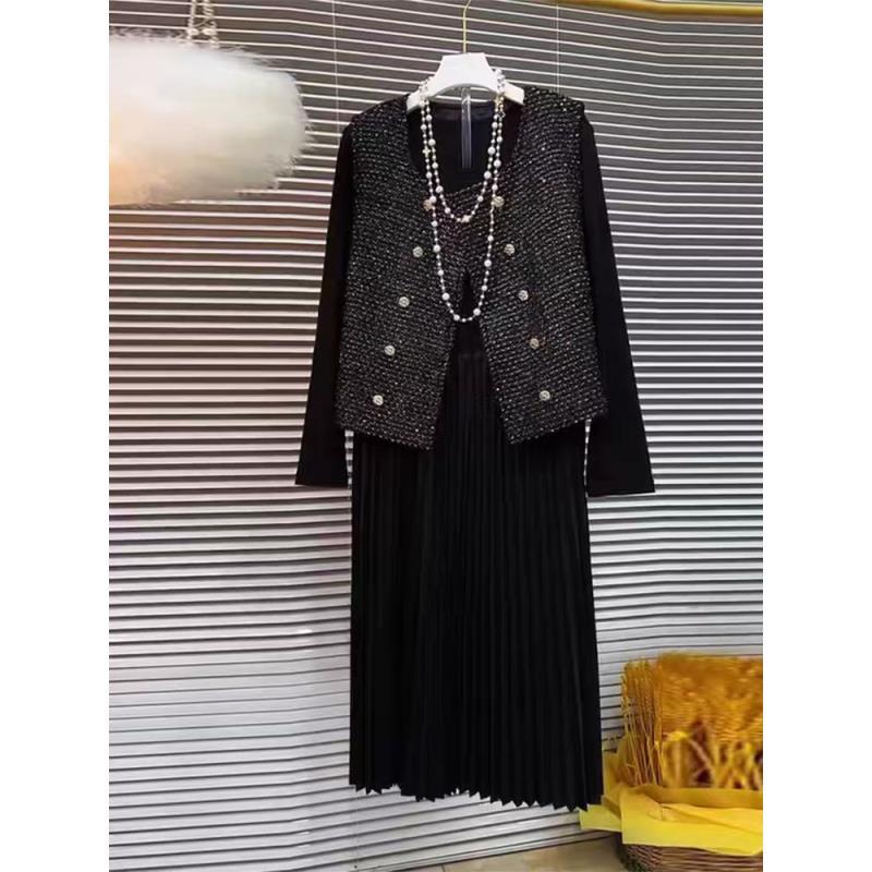 胖妹妹大码秋季新款时尚套装女韩版洋气重工马甲+连衣裙两件套潮