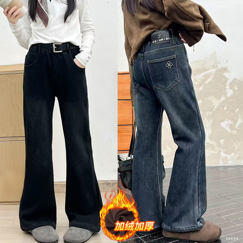 女大童牛仔裤冬季新款显瘦女童高腰直筒外穿宽松加绒加厚儿童冬款