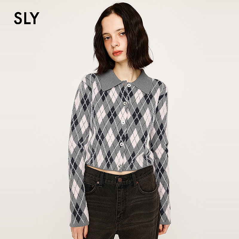 2025冬季复古学院风菱格纹撞色短款针织开衫030IAY70-1681