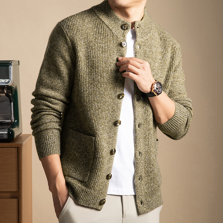 均重500g男士100%纯羊毛5针加厚立领口袋扣子针织开衫毛衣外套