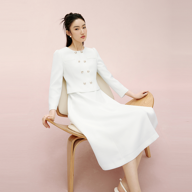 LIME/莱茵【经典艺韵】春季法式假两件梭织连衣裙白色LDGADBWOP806