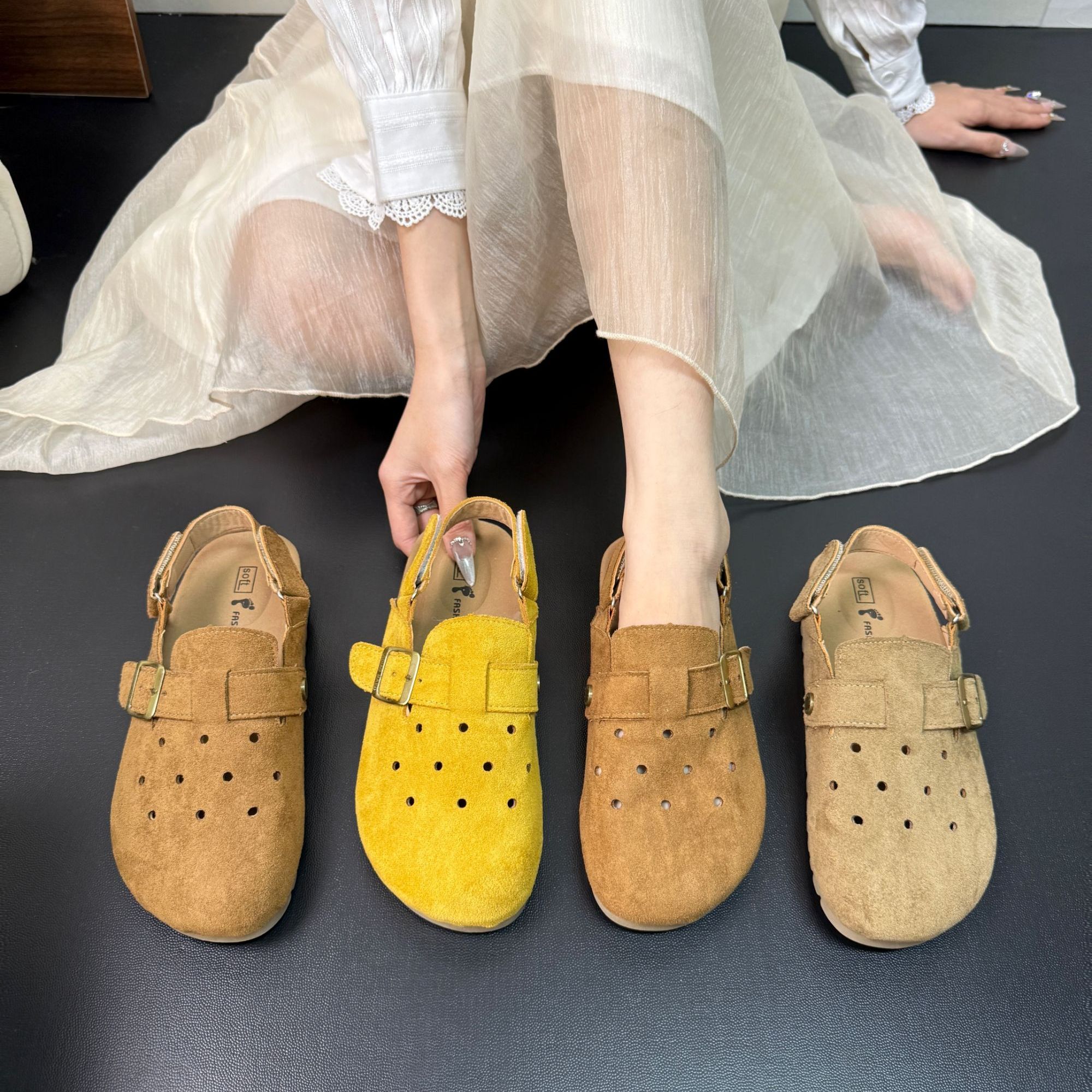 【2.5公分】勃肯包头半拖鞋春夏新款厚底镂空透气洞洞魔术贴勃肯鞋