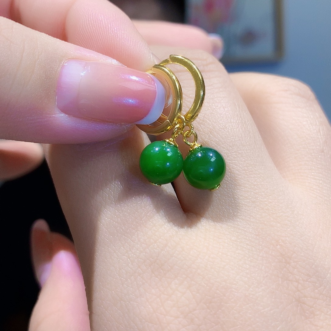和田玉（碧玉）耳饰银S925镀金镶嵌