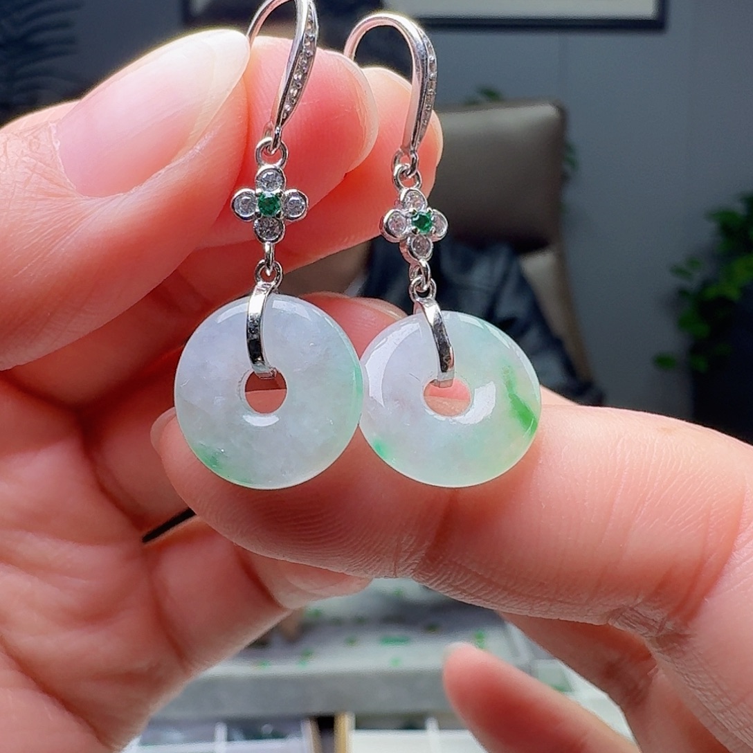 翡翠银S925镶嵌耳饰天然