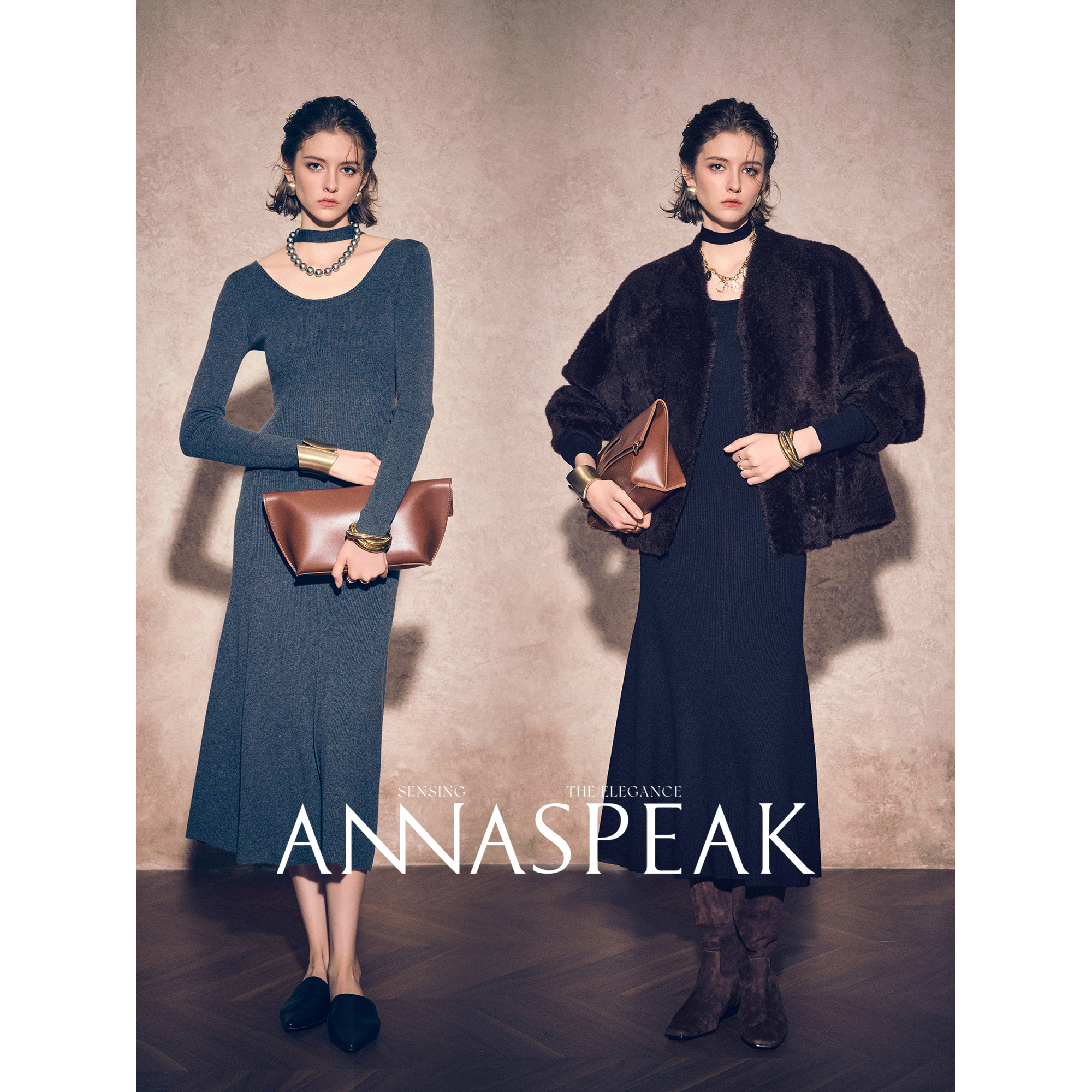 ANNASPEAK“天鹅湖"优雅气质芭蕾风飘带U领绵羊毛混纺针织连衣裙女