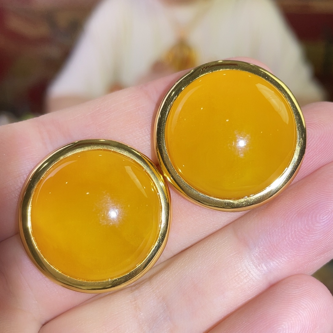 蜜蜡银S925镀金镶嵌耳钉
