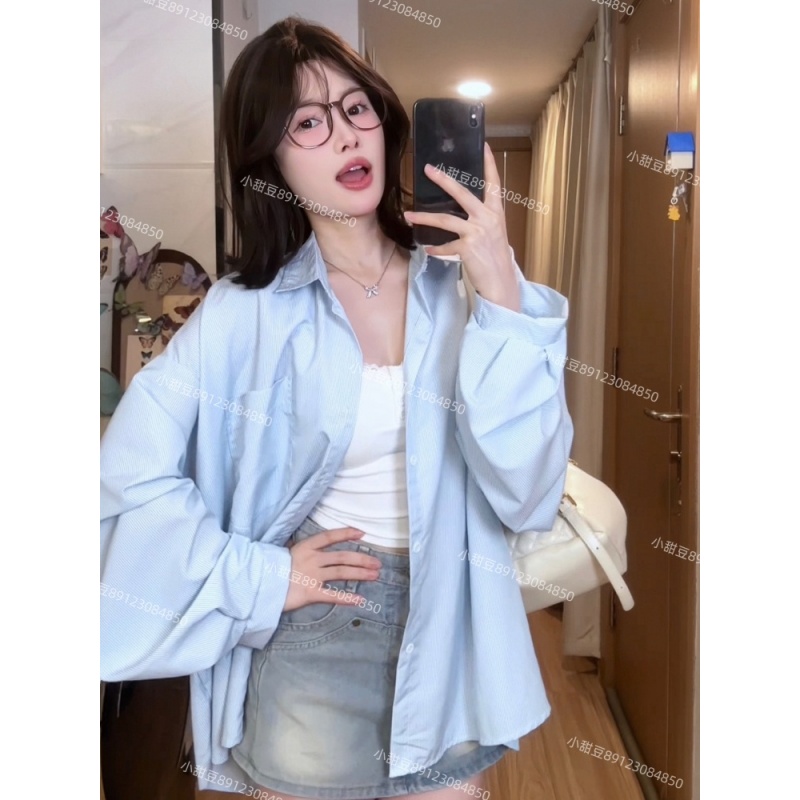  清！清！清！早秋薄款蓝色条纹防晒长袖衬衫衣女慵懒风超大版型显瘦