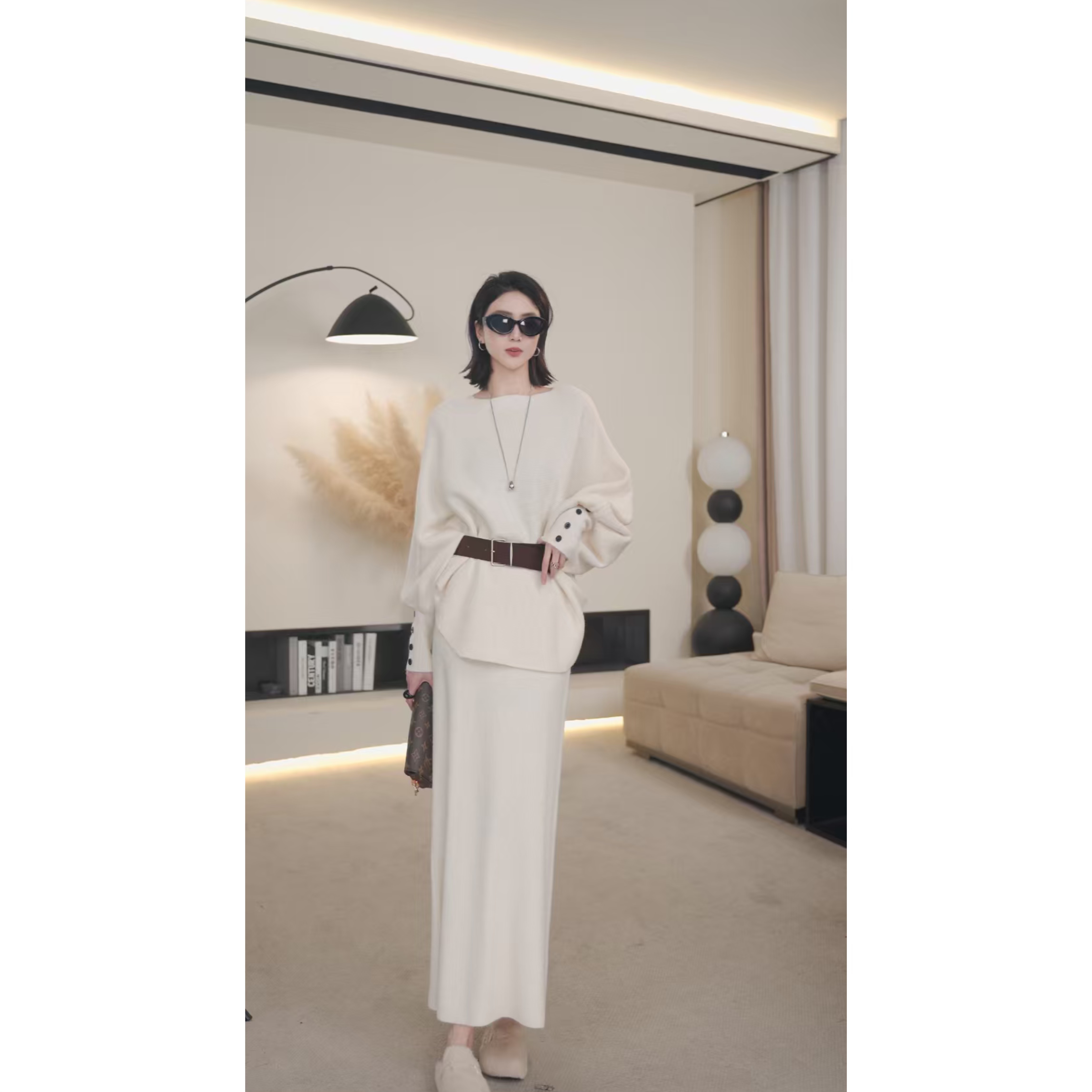 时尚套装秋冬新款毛衣慵懒风针织衫+松紧腰半身裙+腰带