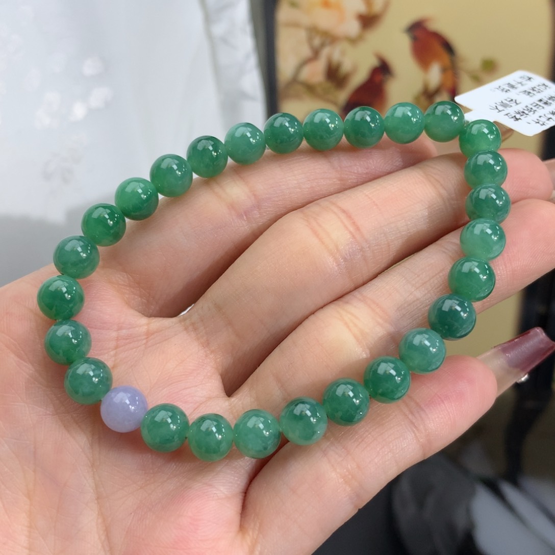 翡翠手链未镶嵌卡6.6胶润绿飘花手串