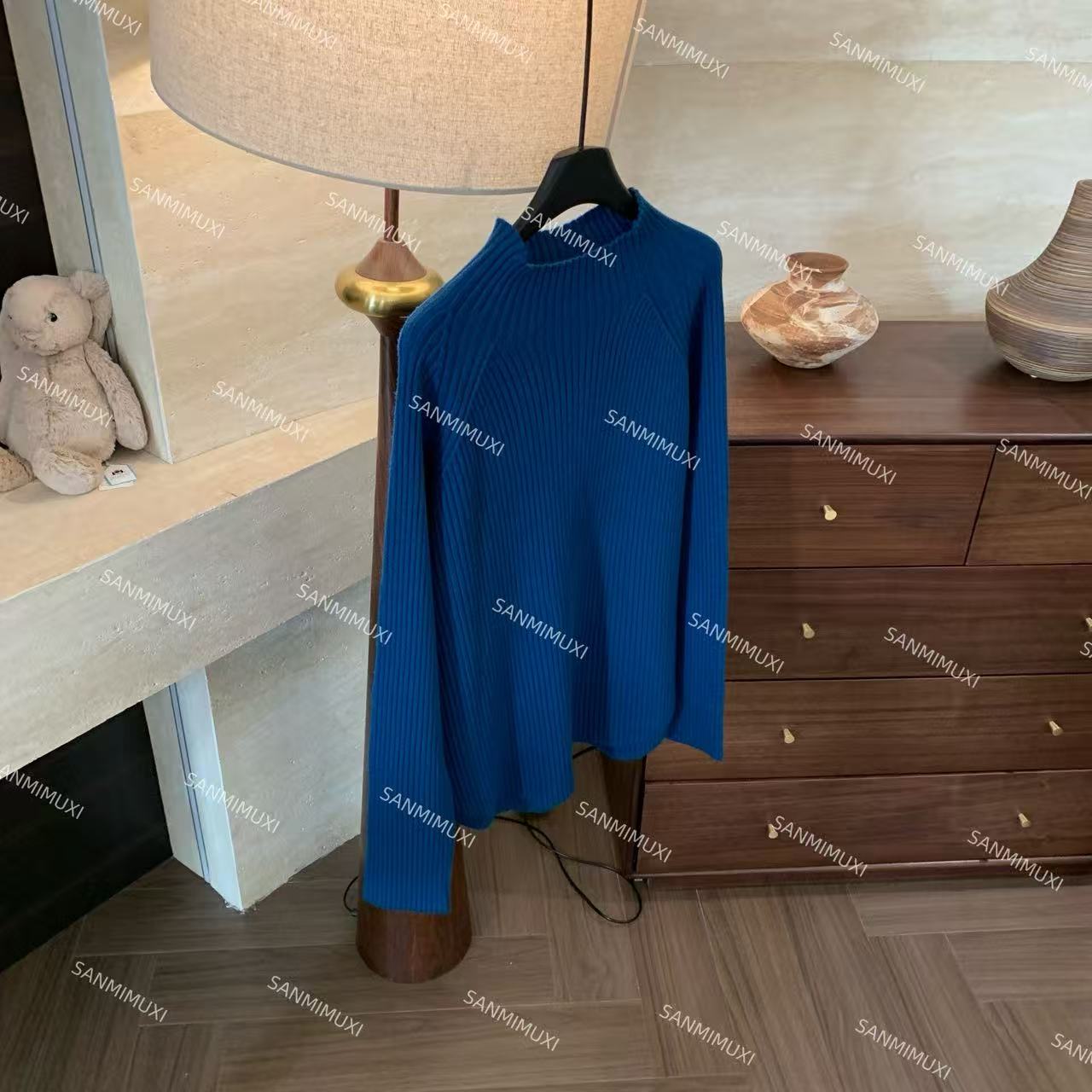 【琪琪】中领坑条插肩袖弯刀针织毛衣  62621