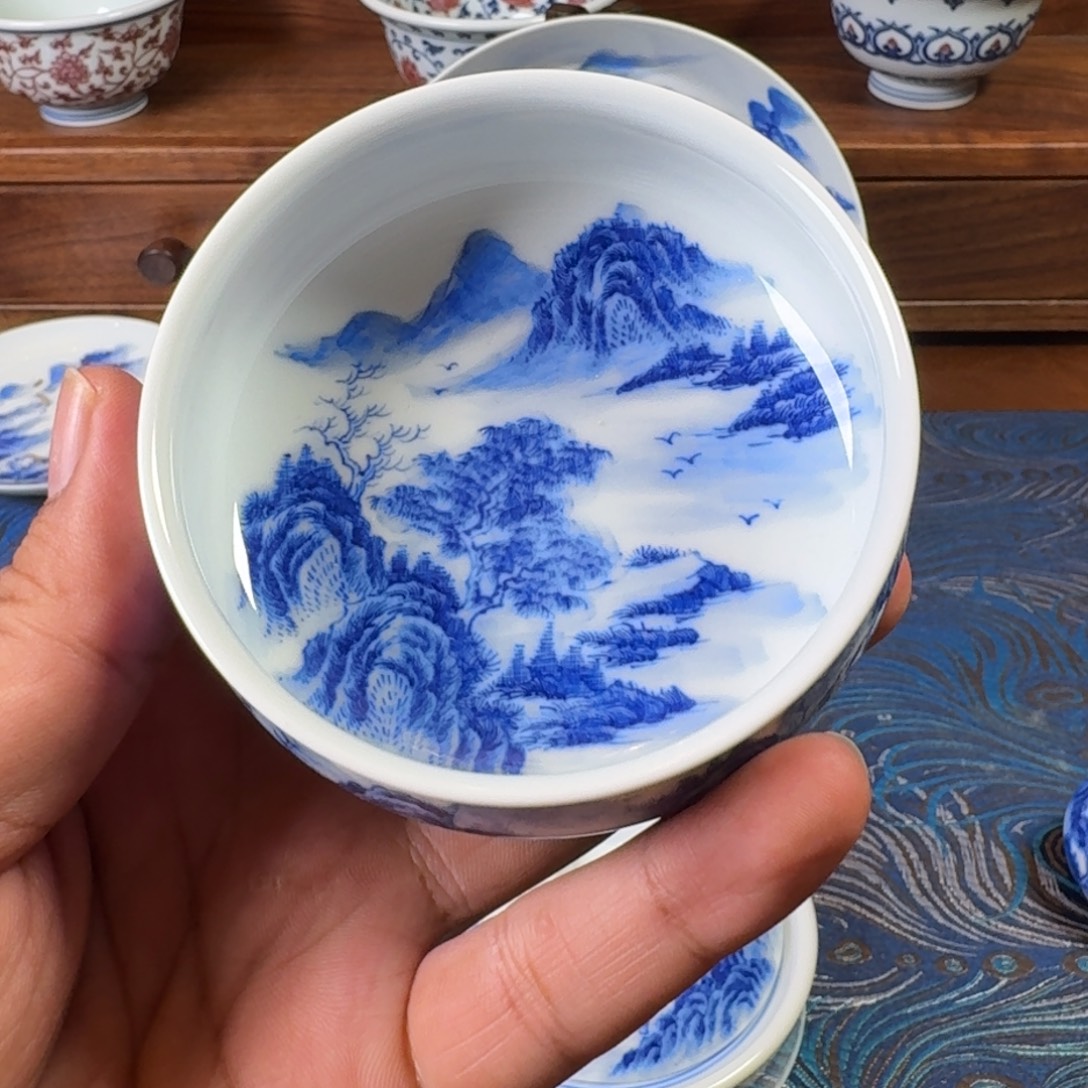 景德镇全手工手绘青花山水内外满绘主人杯