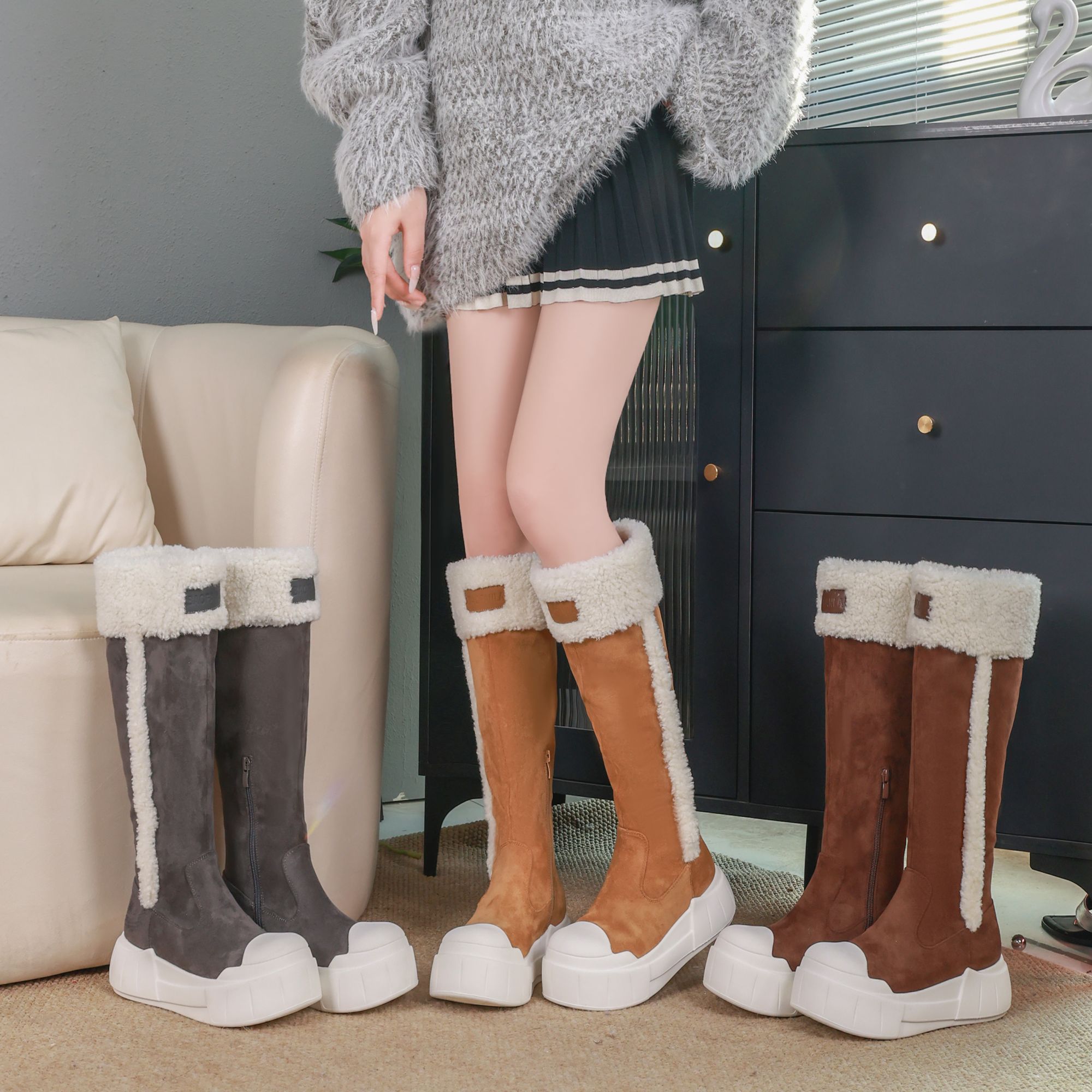 Hibseux|2025冬季新款加绒厚底雪地靴女保暖时尚百搭毛毛高筒靴子