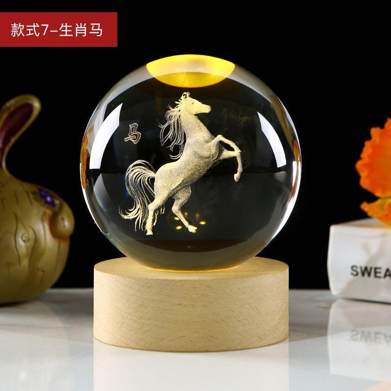Q285 十二生肖发光水晶球小夜灯实木底座创意生日礼物家居摆件