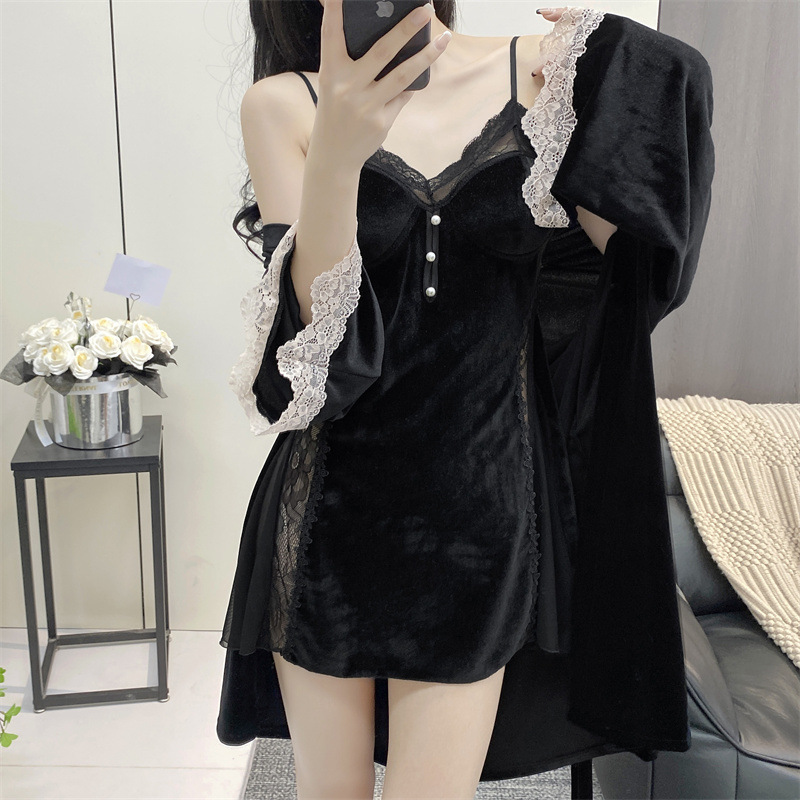 【曙光】性感睡衣女2025新款纯欲风高级感带胸垫丝绒吊带睡裙两件套