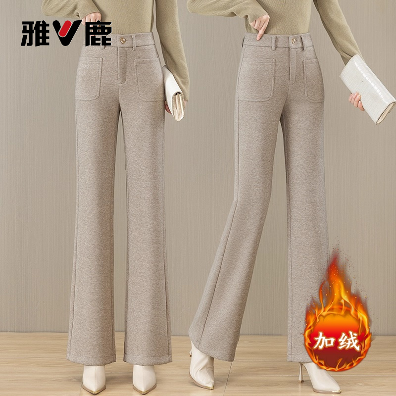 雅鹿高级感九分毛呢微喇裤女2025年新款秋冬加绒杏色窄版筒喇裤子