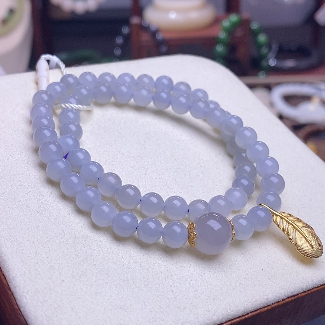 和田玉清货价冰烟紫双圈手链6m未镶嵌