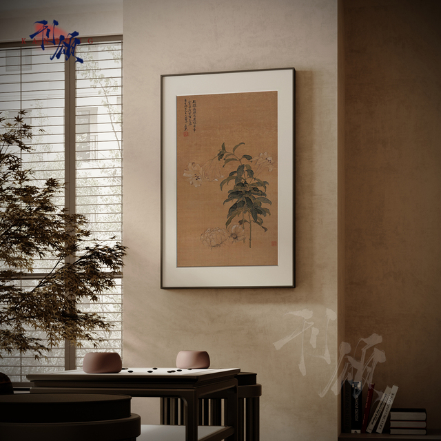 致韬中式小众花卉植物复古茶室客厅装饰画入户玄关壁画竖版卡纸挂