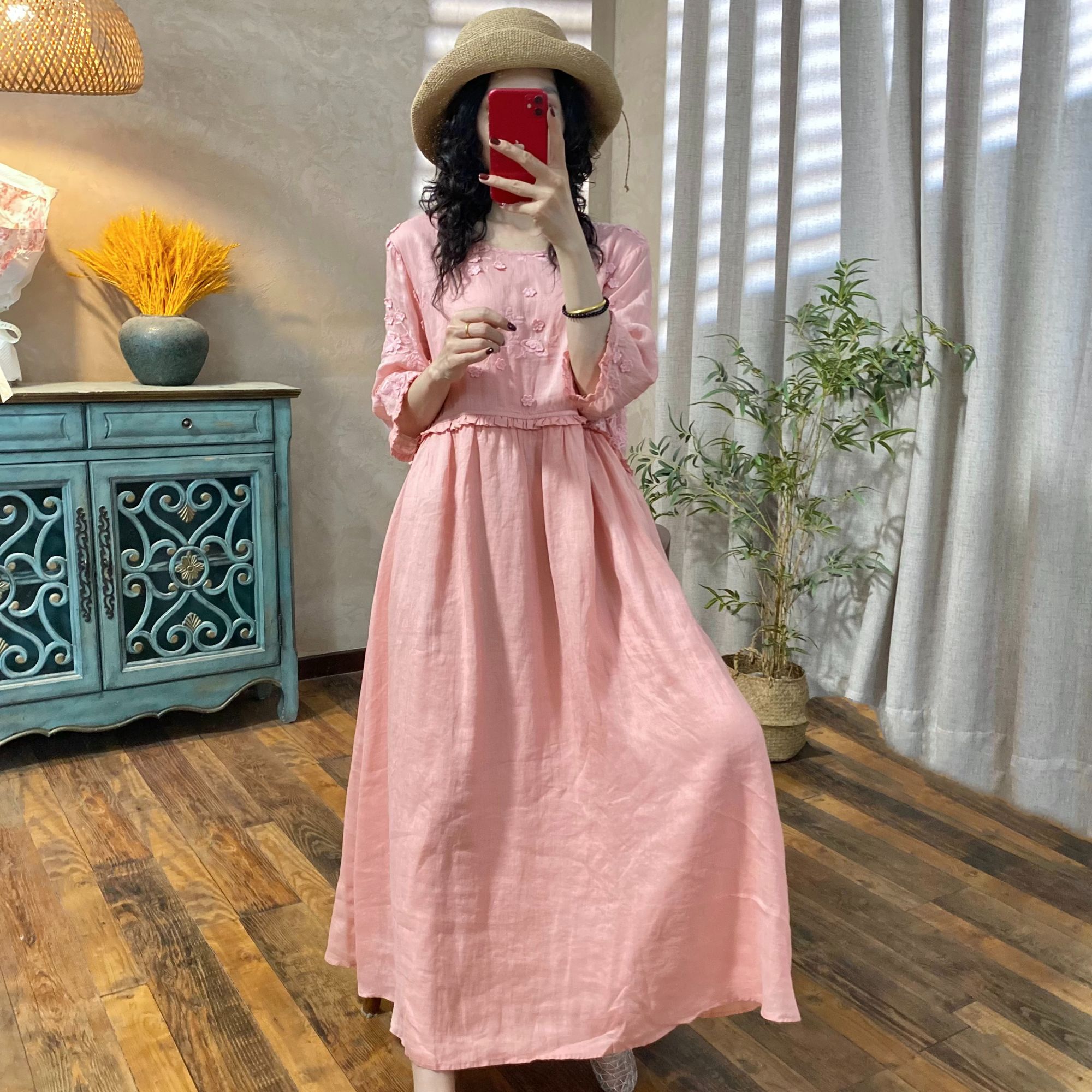 喜卓9332“绽放”苎麻自带氛围感设计款刺绣花苞连衣裙