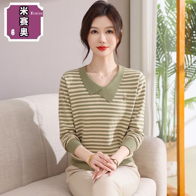 2025新款妈妈秋装长袖毛衣宽松大码女装中老年休闲条纹针织打底衫