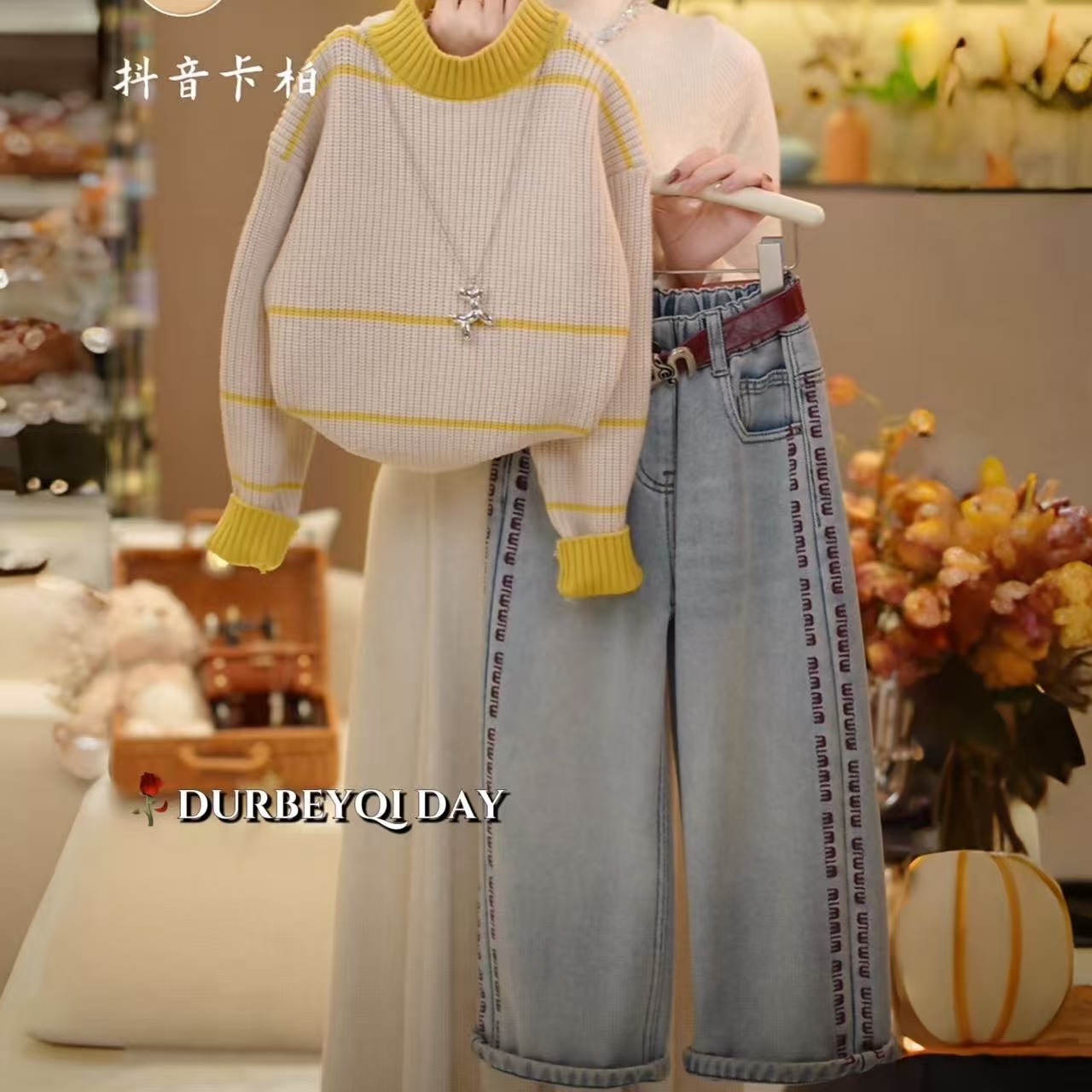 女童2026冬季韩版新款针织加厚毛衣圆领百搭加绒牛仔裤套装5948