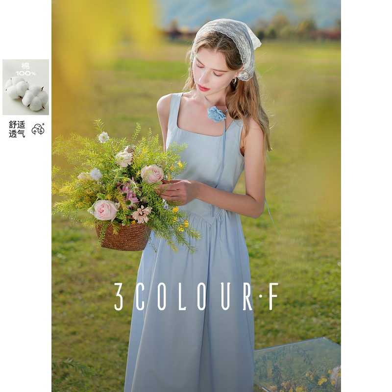 【小北专属】三彩独醒2025春季新款天空蓝连衣裙方领无袖收腰dbx
