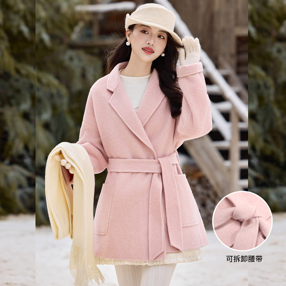 白鹿语【传世·暖章】25年秋冬纯色羊毛混纺中长款双面呢大衣BX20086