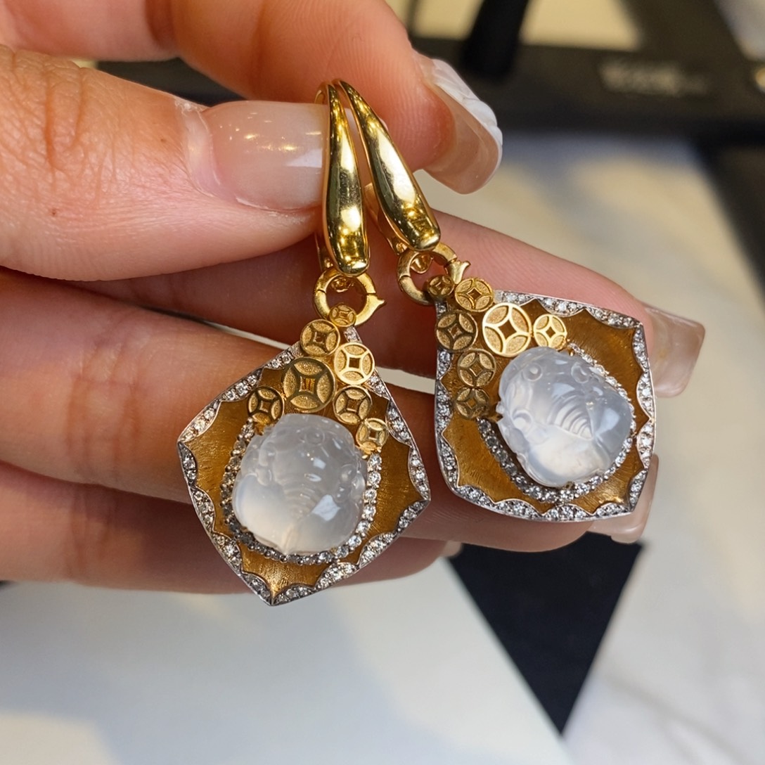 翡翠耳饰18K金镶嵌设计款貔貅耳夹 吊坠两用