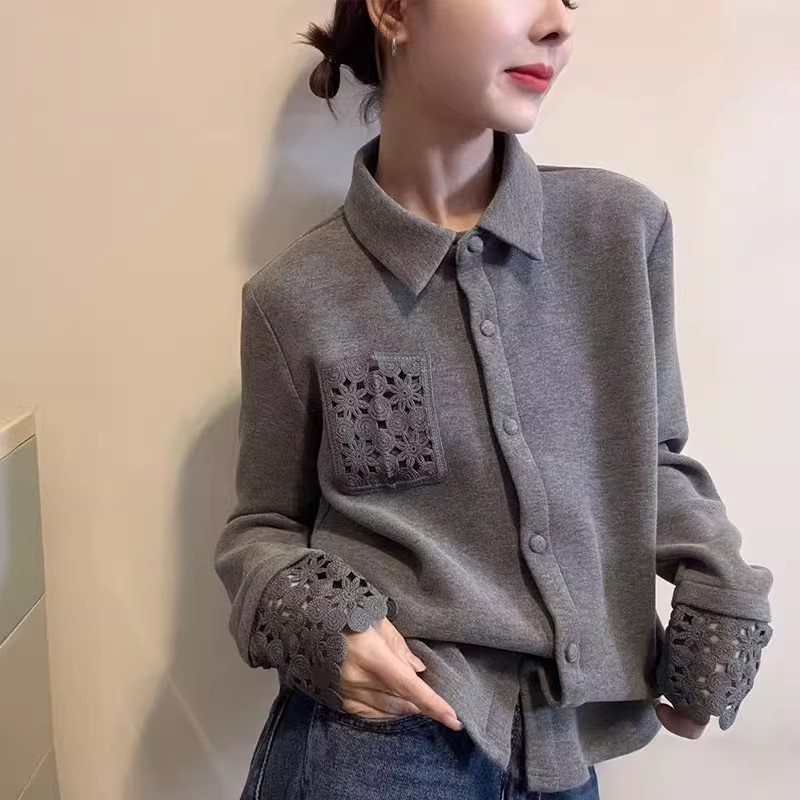 钩花蕾丝德绒长袖打底衫女2025秋冬新款韩版时尚加厚保暖百搭上衣