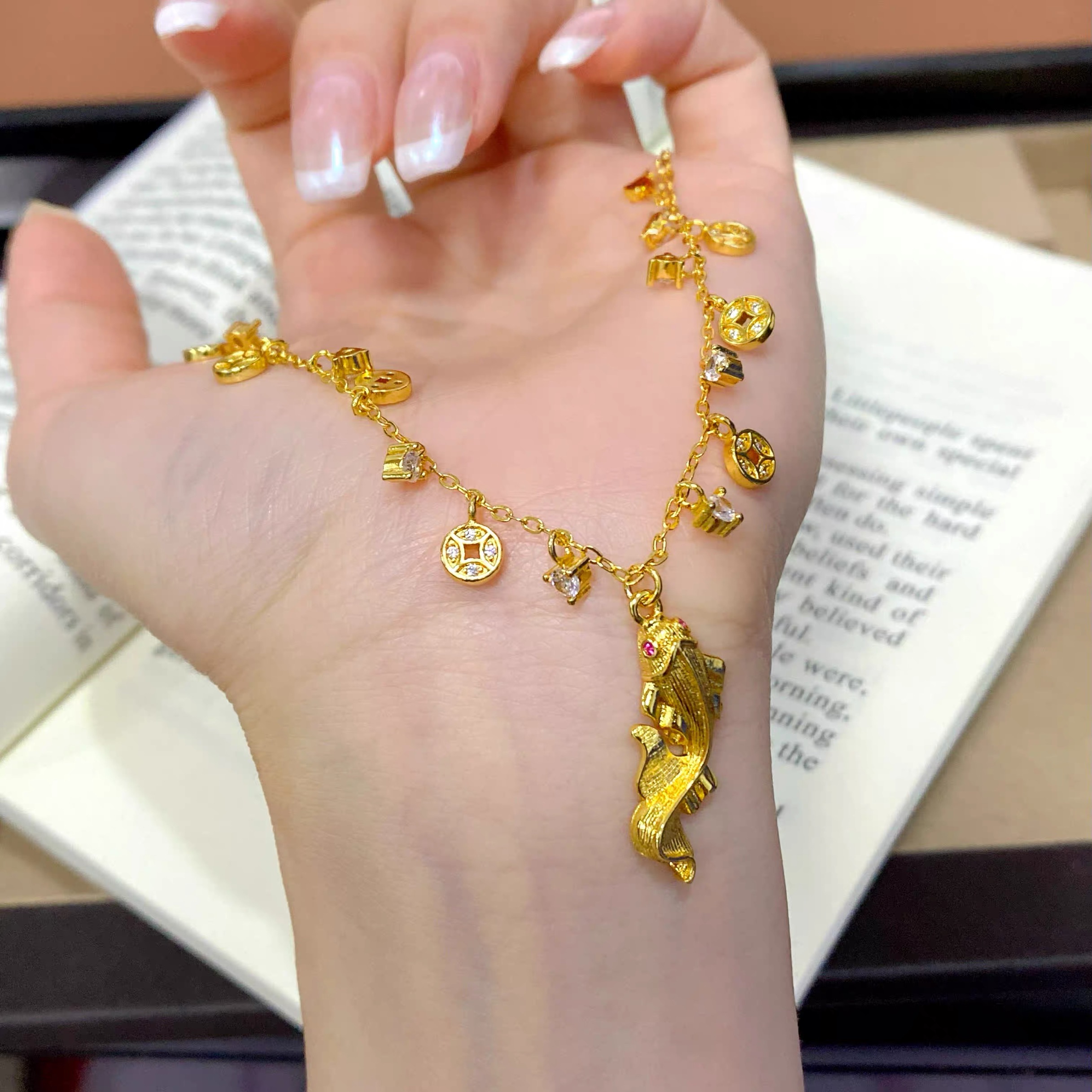 项链 2511-时尚满天星锦鲤项链复古铜钱拉丝气质轻奢