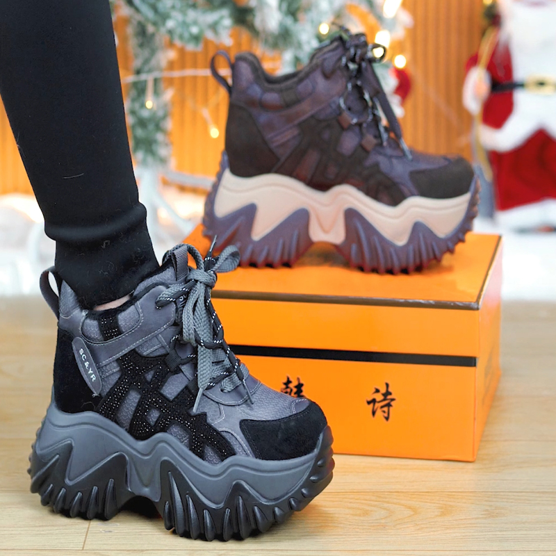 8cm小个子加绒厚底老爹鞋女2025冬季休闲百搭加厚保暖内增高女鞋