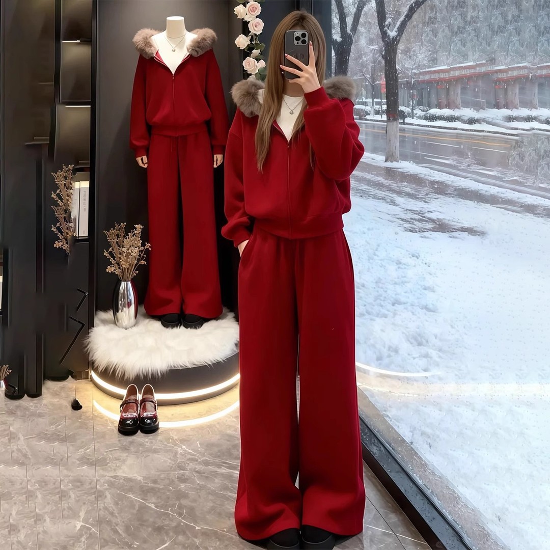 拉夏贝尔巨好看的慵懒红色休闲运动套装女秋冬加绒加厚卫衣两件套