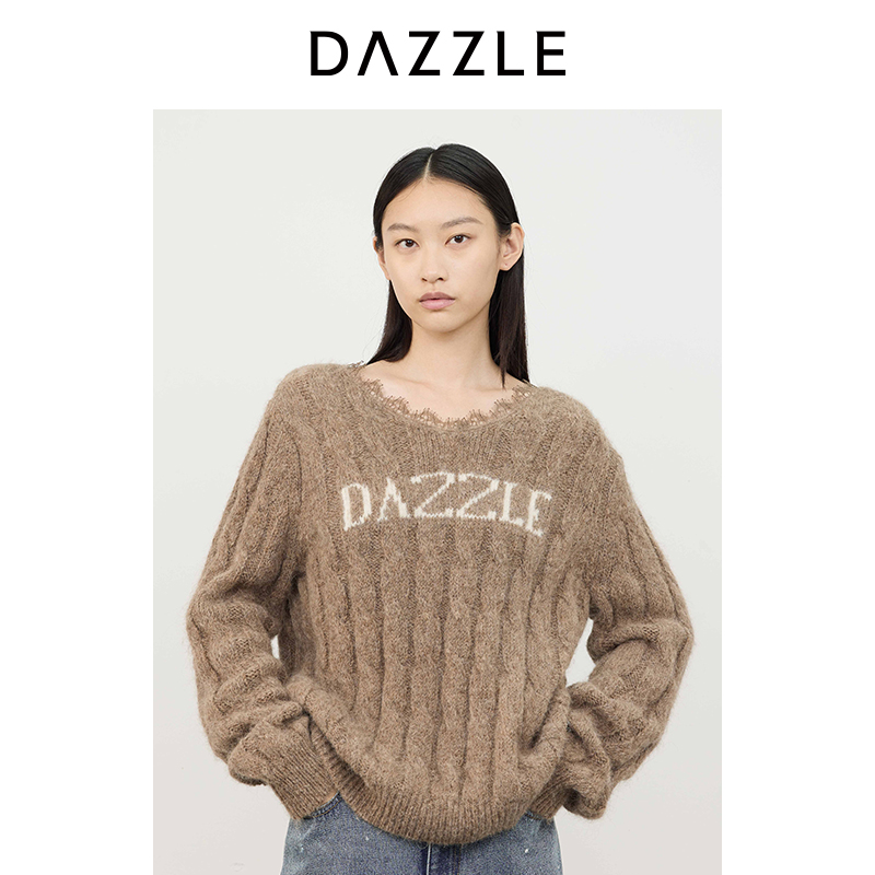 DAZZLE地素毛针织衫2024针织V领绞花套衫2I4E4111N