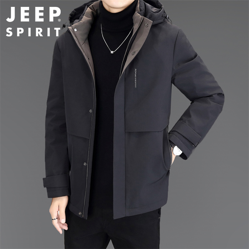 Jeep吉普男士羽绒服冬季新款休闲宽松保暖上衣商务连帽鸭绒外套潮