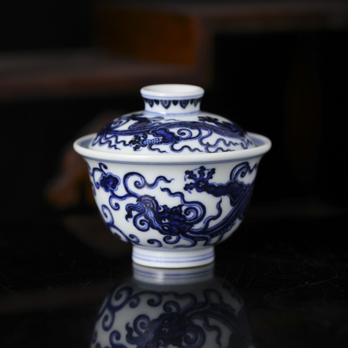 春风祥玉-青花螭龙纹盖碗（小）-陶瓷主人杯手绘有差异