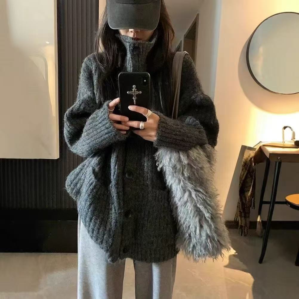 韩系慵懒风高领开衫毛衣女外套春秋装高级感宽松软糯针织加厚上衣