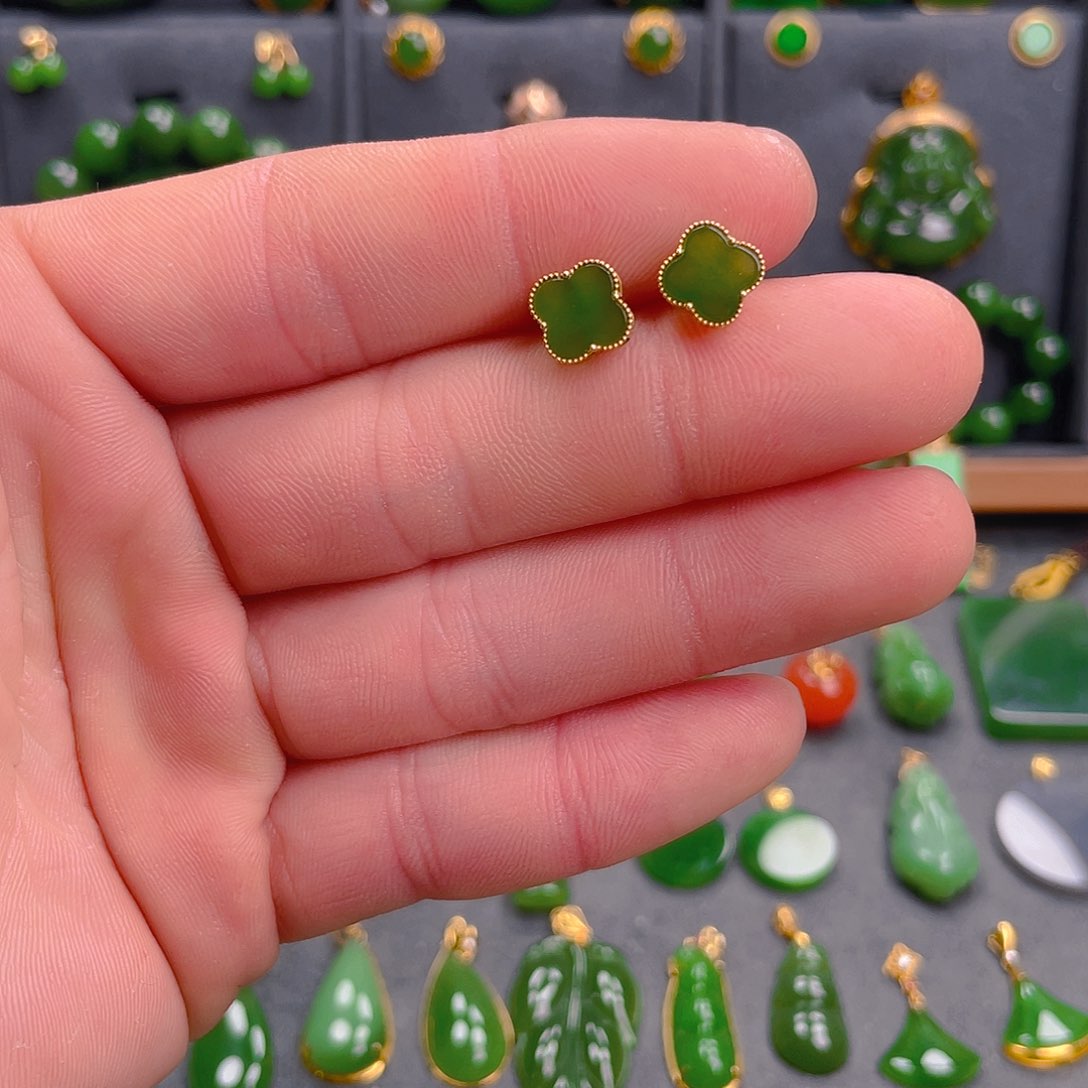 和田玉（碧玉）耳饰18K金镶嵌780