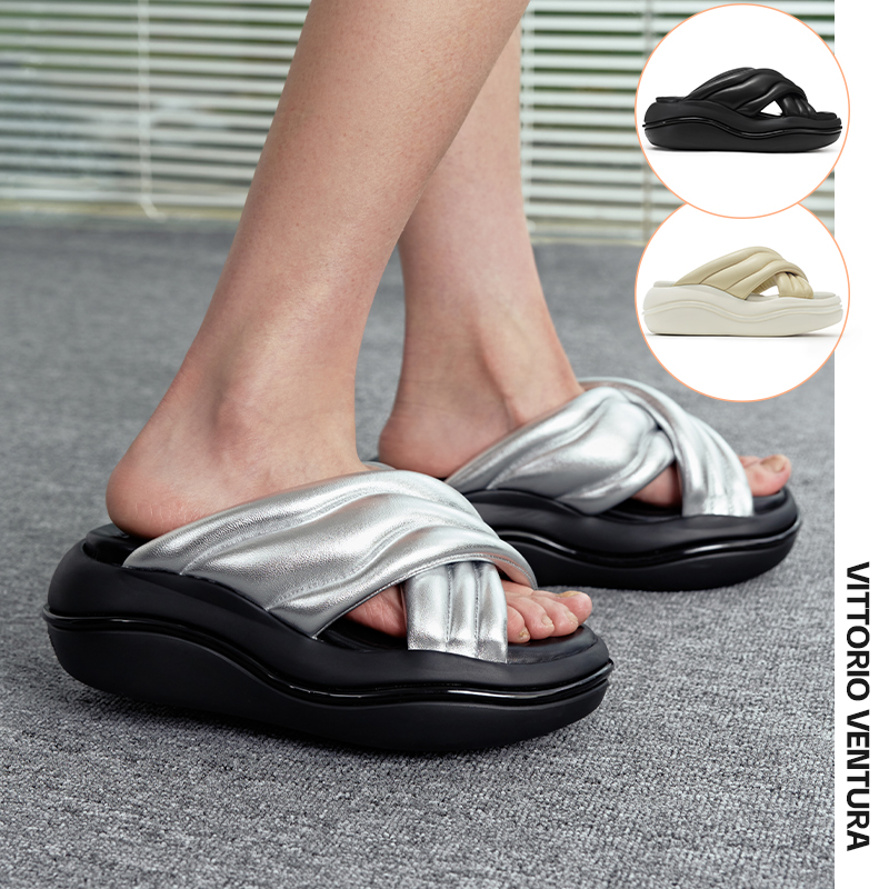 VITTORIO VENTURA薇薇燃 羊皮交叉带气垫厚底夏季棉被拖鞋