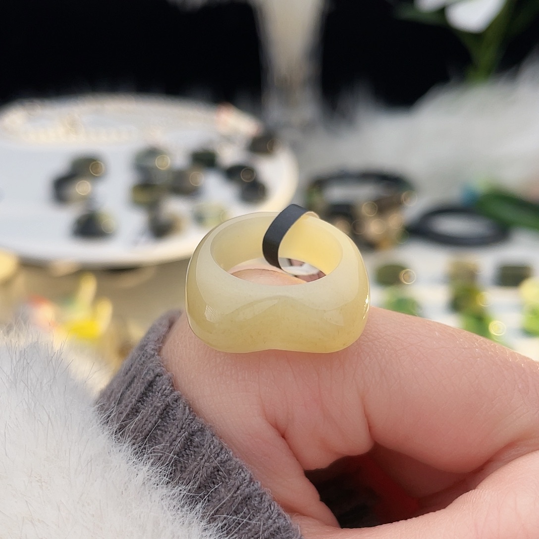 和田玉未镶嵌戒指k87 黄糖猫耳16.7mm