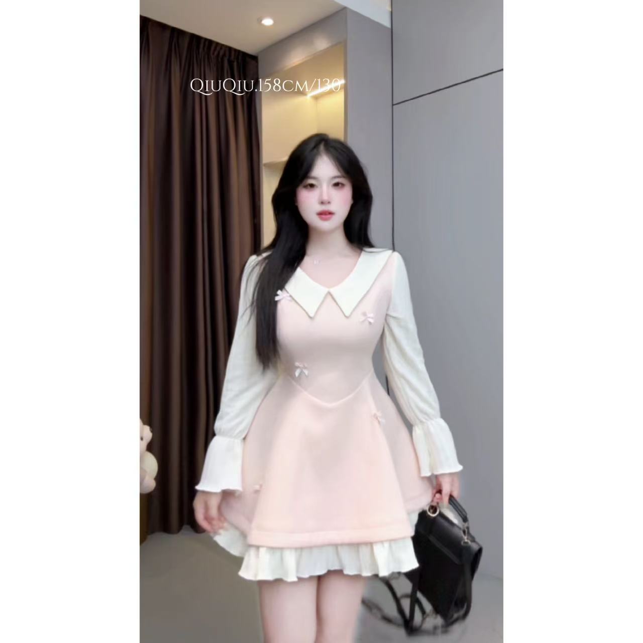 【云端恋曲】10573胖mm秋冬蝴蝶结娃娃领长袖连衣裙收腰褶边A字裙