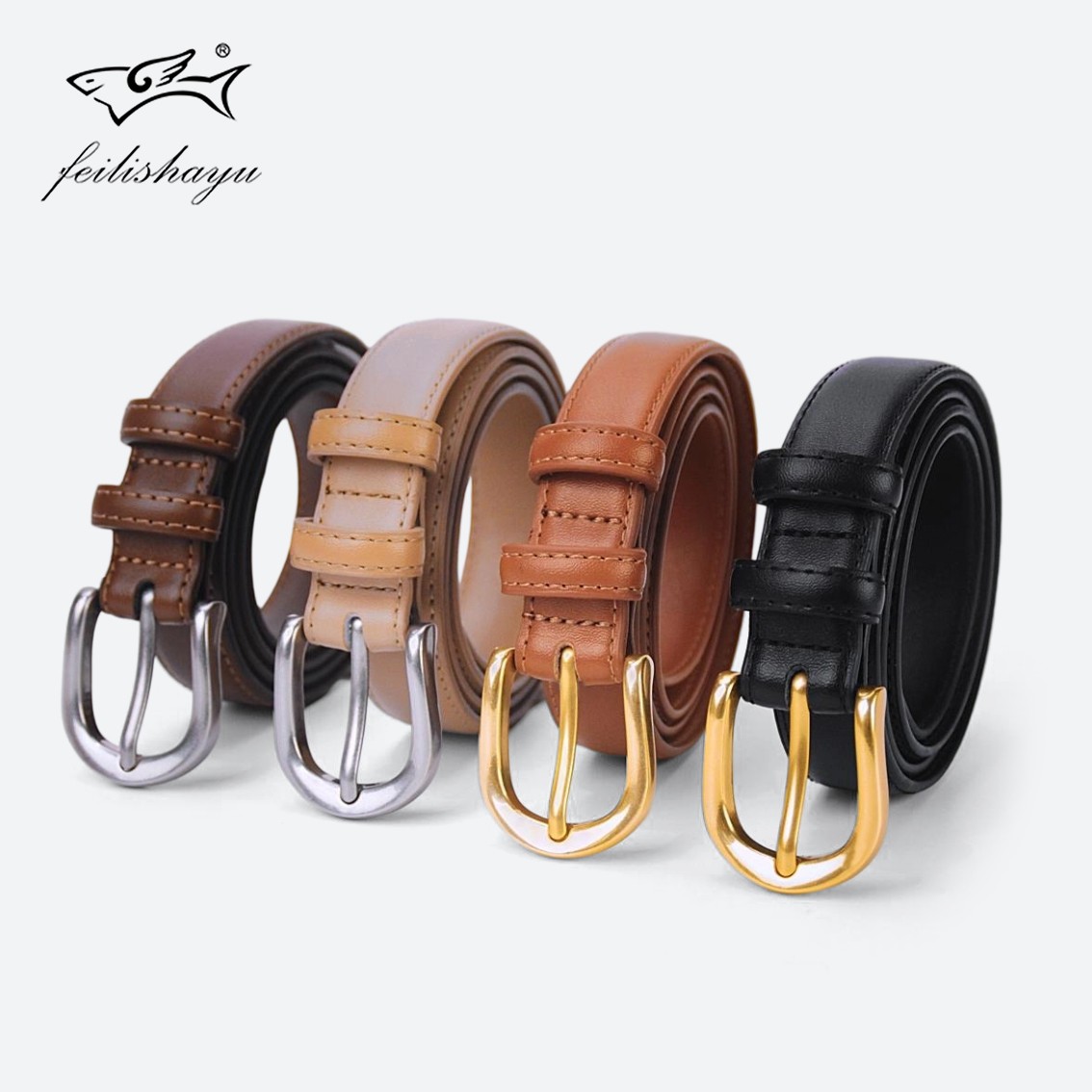飞力鲨鱼2025新款女士真皮牛皮腰带休闲千金风针扣高级感韩版d