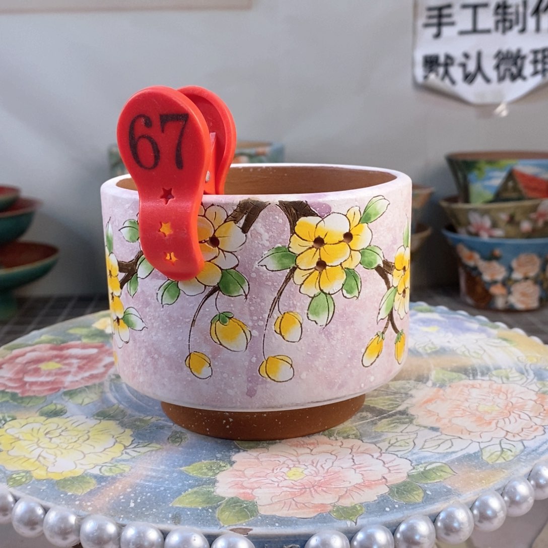 紫砂花盆红陶手绘花盆