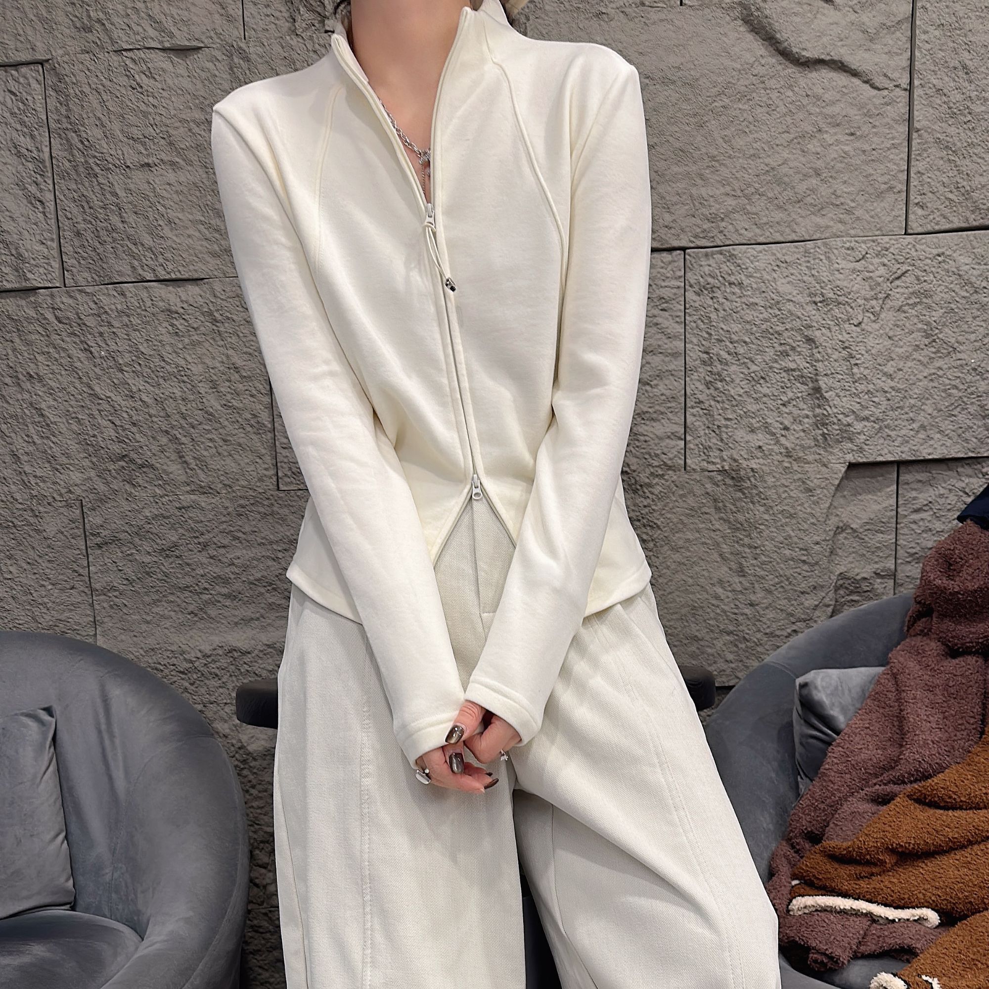 休闲风长袖拼接立领法式常规白色春秋百搭冬季打底