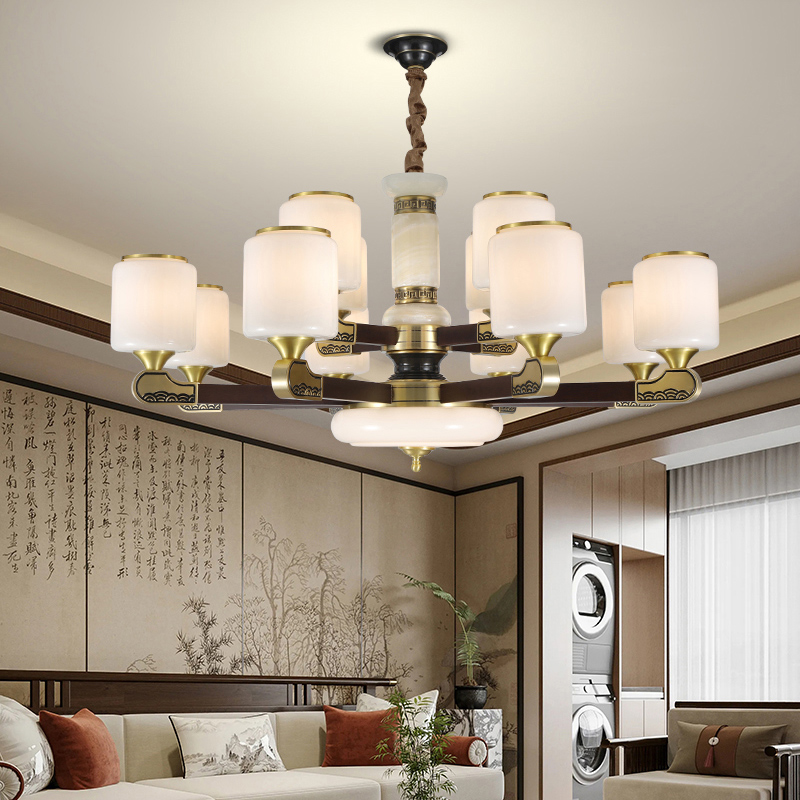 全铜新中式复古大厅客厅吊灯中国风玉石别墅灯具复式楼大气主灯