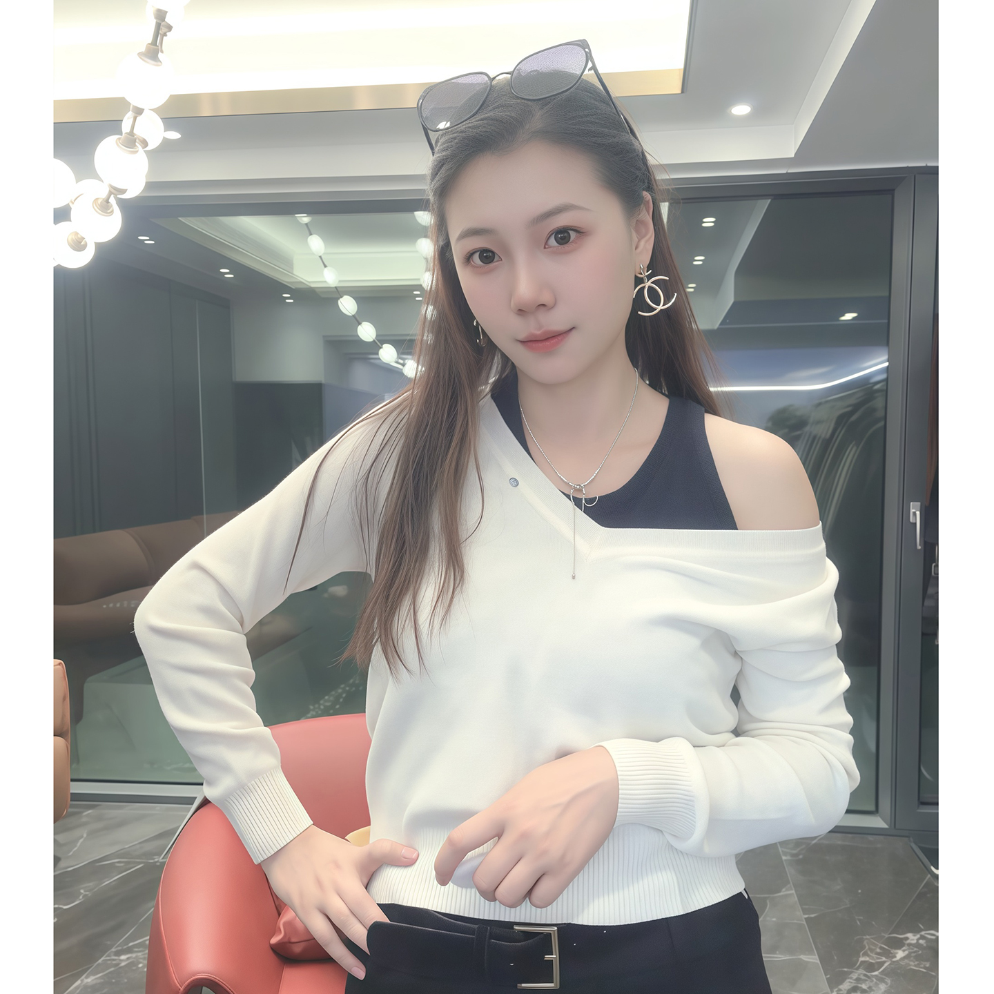 针织女染色拼接修身型V领衫时尚女装轻奢气质