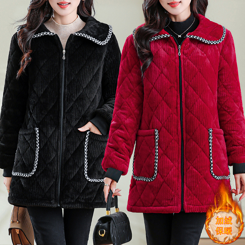 冬季妈妈装中长款加厚棉衣宽松休闲外穿罩衣家居服加绒保暖外套