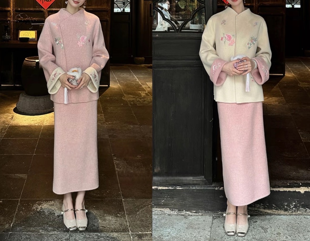 【水蜜桃】国风刺绣100羊毛双面呢外套+半裙《XH55052350》