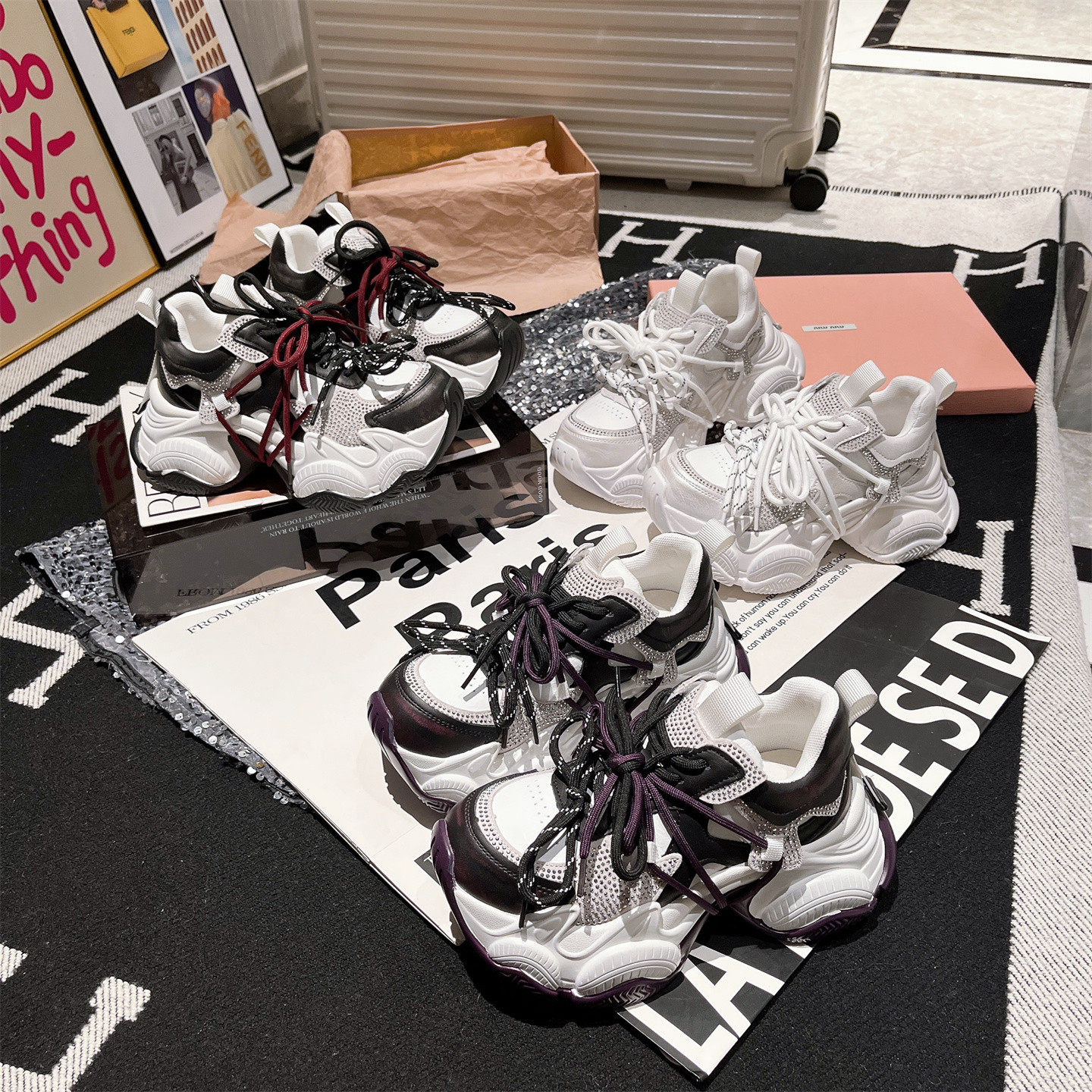 【余】欧货水钻系带绑带拼色老爹鞋运动显瘦显脚小时尚休闲百搭女鞋