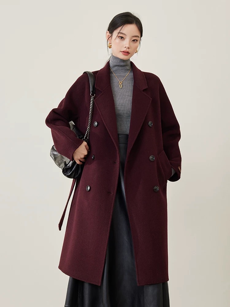 9853【新年战袍】外套羊绒毛呢中长款秋冬气质时尚红色羊绒大衣