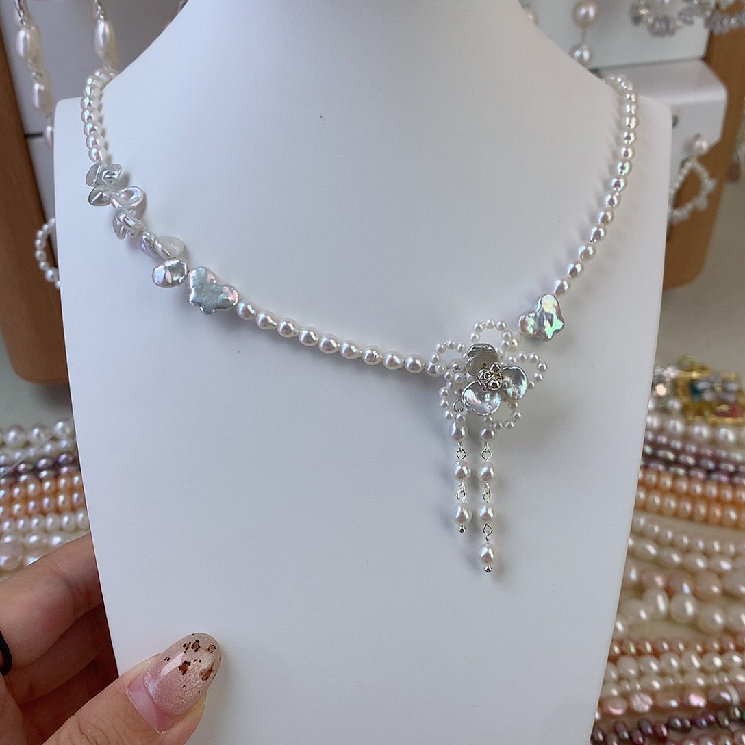 项链银S925镶嵌淡水珍珠